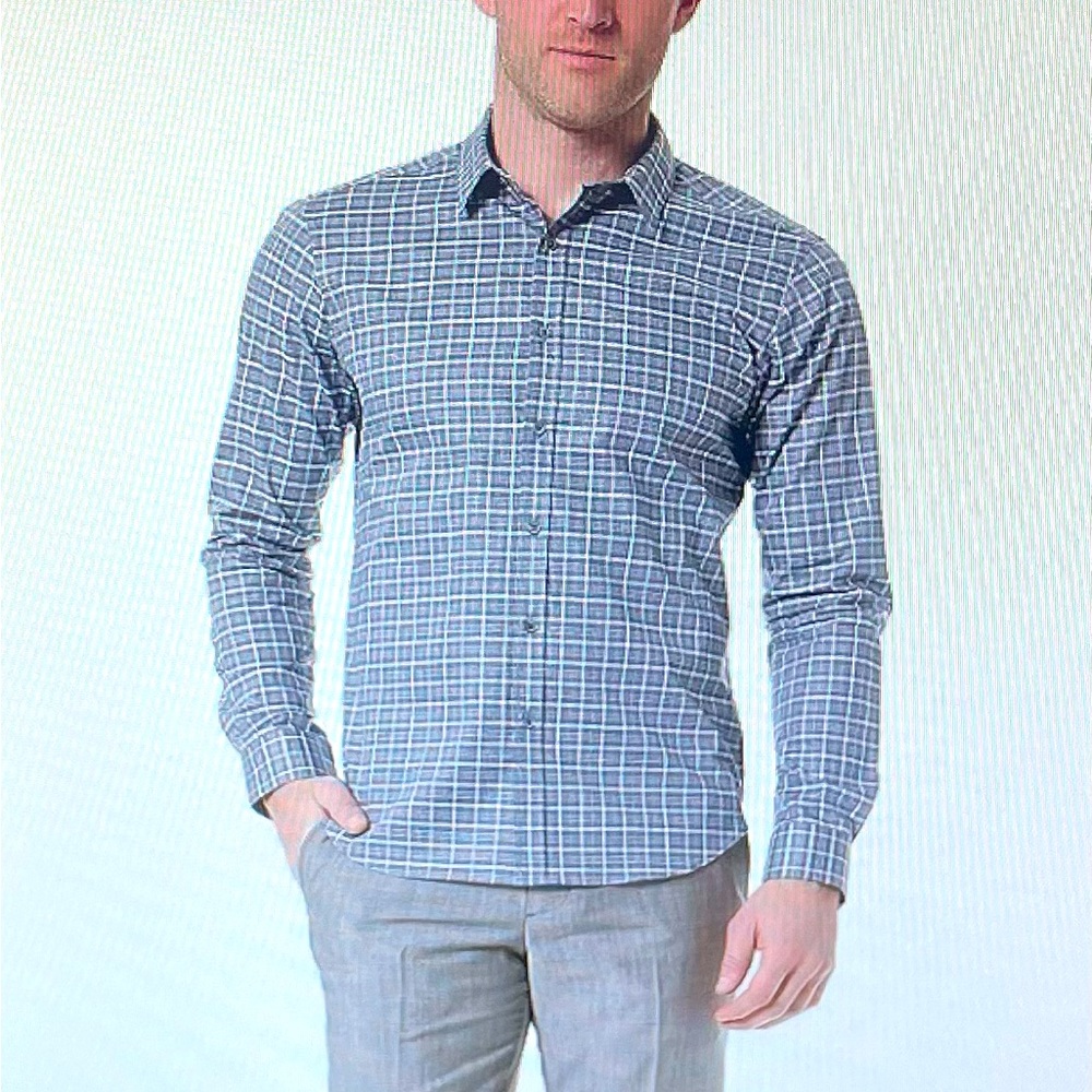 Theory men’s Zack Ps Westlake woven button up gray blue checkered shirt, size XL